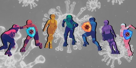 Images of roller skaters and virus particles