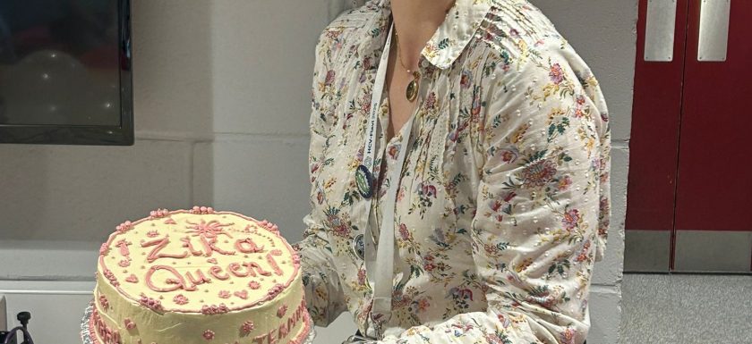 Jess celebrating post-viva with cake kindly provided by I'ah!